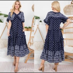 New! Sale 🎉 Navy Paisley Border Midi Dress Lined With Pockets Ruffles Hem